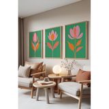 Zestia Ahşap Çerçeveli 3’lü Tablo Seti, Çiçek İllüstrasyonu – Yeşil Pembe, Salon Set No: 30118 30 x 40