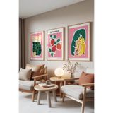 Zestia Ahşap Çerçeveli 3’lü Tablo Seti Çilek Limon Muz Çizimleri – Mutfak Set 30144, 50 x 70