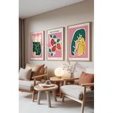 Zestia Ahşap Çerçeveli 3’lü Tablo Seti Çilek Limon Muz Çizimleri – Mutfak Set 30144, 70 x 100