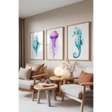Zestia Ahşap Çerçeveli 3’lü Tablo Seti Deniz Canlıları – Midye Denizanası Denizatı Salon Set 30075, 10 x 15