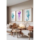 Zestia Ahşap Çerçeveli 3’lü Tablo Seti Deniz Canlıları – Midye Denizanası Denizatı Salon Set 30075, 50 x 70