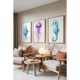 Zestia Ahşap Çerçeveli 3’lü Tablo Seti, Deniz Canlıları – Midye, Denizanası, Denizatı, Salon Set No: 30075 10 x 15