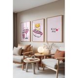 Zestia Ahşap Çerçeveli 3’lü Tablo Seti Eğlenceli Çizimler – Pembe Tonlar Mutfak Set 30116, 70 x 100