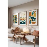 Zestia Ahşap Çerçeveli 3’lü Tablo Seti, Geometrik Dalgalar – Retro Tonlar, Salon Set No: 30090 15 x 21