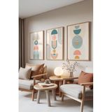 Zestia Ahşap Çerçeveli 3’lü Tablo Seti Geometrik Totem – Pastel Formlar Çalışma Odası Set 30062, 50 x 70