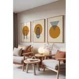 Zestia Ahşap Çerçeveli 3’lü Tablo Seti, Golden Harmony – Daire ve Çizgiler, Salon Set No: 30097 15 x 21
