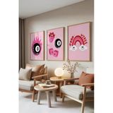 Zestia Ahşap Çerçeveli 3’lü Tablo Seti Good Vibes – Pembe Retro Enerji Genç Odası Set 30078, 10 x 15