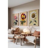 Zestia Ahşap Çerçeveli 3’lü Tablo Seti Gül ve Ayçiçeği – Vintage Çiçekler Yatak Odası Set 30083, 30 x 40