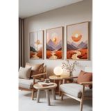 Zestia Ahşap Çerçeveli 3’lü Tablo Seti Gün Batımı ve Dağ Manzarası – Turuncu Tonlar Salon Set 30002, 10 x 15