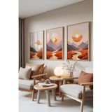 Zestia Ahşap Çerçeveli 3’lü Tablo Seti Gün Batımı ve Dağ Manzarası – Turuncu Tonlar Salon Set 30002, 15 x 21