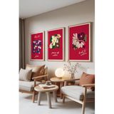 Zestia Ahşap Çerçeveli 3’lü Tablo Seti Kırmızı Floral – Modern Çiçek Salon Set 30146, 21 x 30