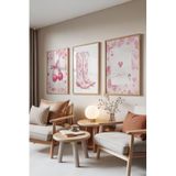 Zestia Ahşap Çerçeveli 3’lü Tablo Seti Lucky Cherry – Pembe Country Tarz Genç Odası Set 30103, 10 x 15
