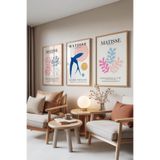 Zestia Ahşap Çerçeveli 3’lü Tablo Seti Matisse Tarzı Renkli Soyut Figürler Salon Set 30015, 21 x 30