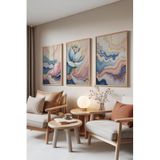 Zestia Ahşap Çerçeveli 3’lü Tablo Seti Mavi Lotus Çiçeği ve Renkli Dalga Yatak Odası Set 30013, 15 x 21