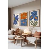 Zestia Ahşap Çerçeveli 3’lü Tablo Seti Mavi & Turuncu Çiçekler – Modern Botanik Salon Set 30064, 10 x 15