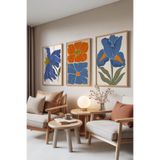 Zestia Ahşap Çerçeveli 3’lü Tablo Seti Mavi & Turuncu Çiçekler – Modern Botanik Salon Set 30064, 50 x 70