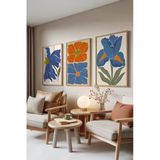 Zestia Ahşap Çerçeveli 3’lü Tablo Seti Mavi & Turuncu Çiçekler – Modern Botanik Salon Set 30064, 50 x 70
