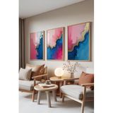 Zestia Ahşap Çerçeveli 3’lü Tablo Seti Mavi ve Pembe Akışkan Renk Desenleri Yatak Odası Set 30018, 15 x 21
