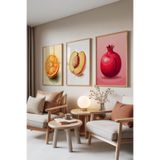 Zestia Ahşap Çerçeveli 3’lü Tablo Seti Meyve İllüstrasyonu – Canlı Tonlar Mutfak Set 30113, 30 x 40