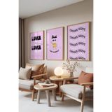 Zestia Ahşap Çerçeveli 3’lü Tablo Seti Mutlu Vibes – Tipografi Pembe Genç Odası Set 30130, 30 x 40
