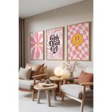 Zestia Ahşap Çerçeveli 3’lü Tablo Seti Pembe Enerji – Modern Pop Art Genç Odası Set 30129, 70 x 100