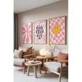 Zestia Ahşap Çerçeveli 3’lü Tablo Seti, Pembe Enerji – Modern Pop Art, Genç Odası Set No: 30129 70 x 100
