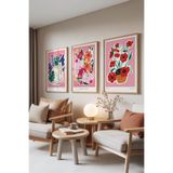 Zestia Ahşap Çerçeveli 3’lü Tablo Seti Pembe Modern Çiçek & İllüstrasyon – Salon Set 30143, 50 x 70