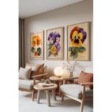 Zestia Ahşap Çerçeveli 3’lü Tablo Seti Renkli Menekşeler – Klasik Botanik Salon Set 30082, 21 x 30