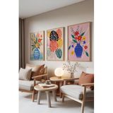 Zestia Ahşap Çerçeveli 3’lü Tablo Seti Renkli Vazo Çiçekleri – Tropikal Tarz Salon Set 30008, 21 x 30