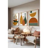 Zestia Ahşap Çerçeveli 3’lü Tablo Seti Retro Vases – Minimal Formlar Salon Set 30093, 30 x 40