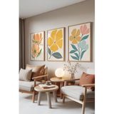 Zestia Ahşap Çerçeveli 3’lü Tablo Seti Sarı Çiçekler – Pastel Botanik Stil Yatak Odası Set 30063, 30 x 40