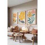 Zestia Ahşap Çerçeveli 3’lü Tablo Seti Sarı Çiçekler – Pastel Botanik Stil Yatak Odası Set 30063, 70 x 100