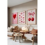 Zestia Ahşap Çerçeveli 3’lü Tablo Seti Sweet Love – Kalpler & Kirazlar Genç Odası Set 30102, 30 x 40