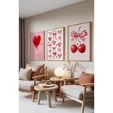 Zestia Ahşap Çerçeveli 3’lü Tablo Seti Sweet Love – Kalpler & Kirazlar Genç Odası Set 30102, 50 x 70