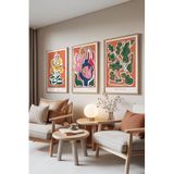 Zestia Ahşap Çerçeveli 3’lü Tablo Seti, Turuncu Boho Çiçek İllüstrasyon – Salon Set No: 30141 30 x 40