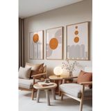 Zestia Ahşap Çerçeveli 3’lü Tablo Seti, Turuncu Güneş ve Desenler – Modern Stil, Salon Set No: 30010 70 x 100
