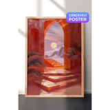 Zestia Ahşap Çerçeveli Duvar Tablosu Akdeniz Merdivenleri Gün Batımı Manzarası Salon Dekoru, 21 x 30