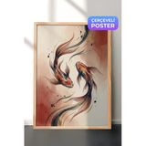 Zestia Ahşap Çerçeveli Duvar Tablosu Alev Tonlarında Akışkan Koi Hareketi Salon Dekoru, 50 x 70