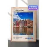 Zestia Ahşap Çerçeveli Duvar Tablosu Amsterdam Kanal Evleri Renkli Şehir Manzarası Salon Dekoru, 50 x 70