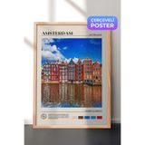 Zestia Ahşap Çerçeveli Duvar Tablosu Amsterdam Kanal Evleri Renkli Şehir Manzarası Salon Dekoru, 70 x 100