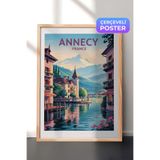 Zestia Ahşap Çerçeveli Duvar Tablosu Annecy Fransa Göl ve Dağ Manzarası Salon Dekoru, 21 x 30