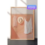 Zestia Ahşap Çerçeveli Duvar Tablosu Bej Tonlarda Çamaşır Asılı Minimal Akdeniz Sahnesi Mutfak Dekoru, 21 x 30
