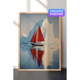 Zestia Ahşap Çerçeveli Duvar Tablosu Buz Dağları Arasında Kırmızı Yelkenli Tekne Manzarası Salon Dekoru, 21 x 30