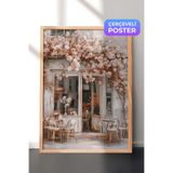 Zestia Ahşap Çerçeveli Duvar Tablosu Çiçeklerle Sarılı Romantik Paris Kafe Sokak Manzarası Salon Dekoru, 15 x 21