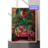 Zestia Ahşap Çerçeveli Duvar Tablosu Egzotik Tropikal Atmosferde Dinlenen Leopar Salon Dekoru, 21 x 30