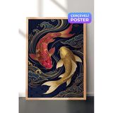 Zestia Ahşap Çerçeveli Duvar Tablosu Gece Mavisinde Altın Koi İhtişamı Salon Dekoru, 21 x 30