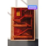Zestia Ahşap Çerçeveli Duvar Tablosu Geometrik Formlarla Kırmızı Tonlu Mimari Soyutlama Salon Dekoru, 30 x 40