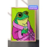 Zestia Ahşap Çerçeveli Duvar Tablosu Gözlüklü Kokteyl İçen Pop Art Kurbağa İllüstrasyonu Salon Dekoru, 70 x 100