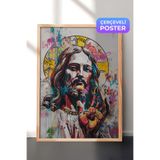 Zestia Ahşap Çerçeveli Duvar Tablosu Graffiti Dokunuşlu Sanatsal İsa Portresi Salon Dekoru, 70 x 100