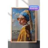 Zestia Ahşap Çerçeveli Duvar Tablosu İnci Küpeli Kız Modern Pop Art Portre Yorumu Salon Dekoru, 50 x 70